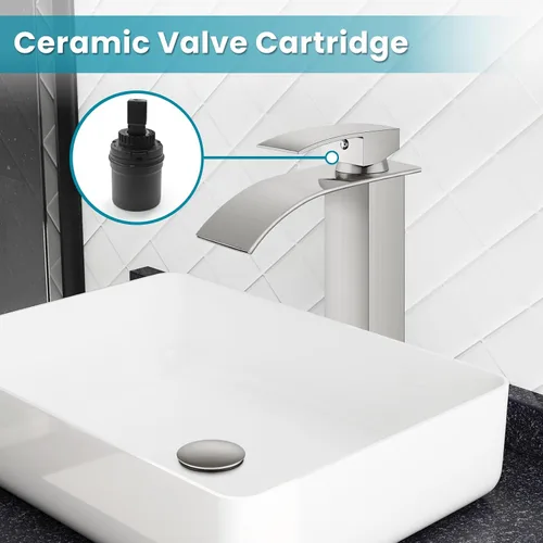 Vista 7 de gotonovo Grifo de Baño Alto Tipo Cascada de Una Sola Manija Grifos de Baño para Lavabo de 1 Agujero Grifo de Lavabo de Acero Inoxidable Tipo Vessel