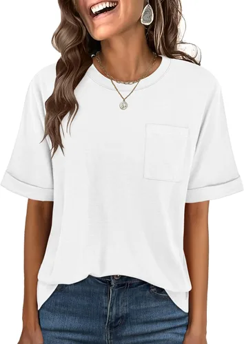 Vista 21 de ANRABESS - Camiseta de manga corta para mujer, estilo oversized, casual, suelta, básica, para verano, con bolsillo Caqui
