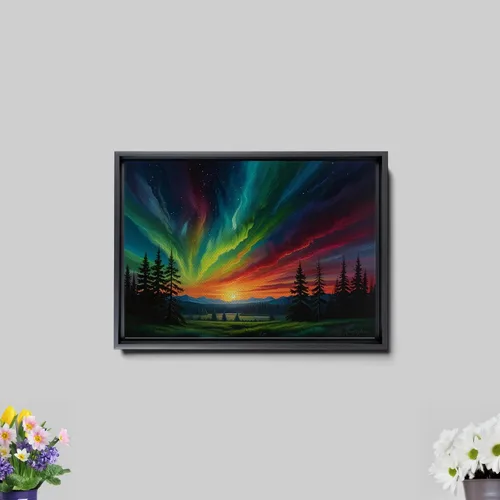 Vista 7 de Aurora Borealis, Northern Lights Art, framed canvas print, snow capped mountain landscape art, synthwave vaporwave, Print On Canvas, Decor