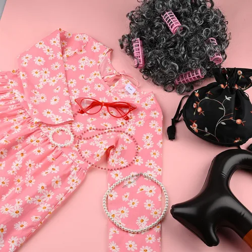 Vista 2 de Matiniy Kit de disfraz de anciana para niñas, peluca, falda floral, bolsa de cubo, gafas y bastón de cadena para 100 días de escuela, abuelita