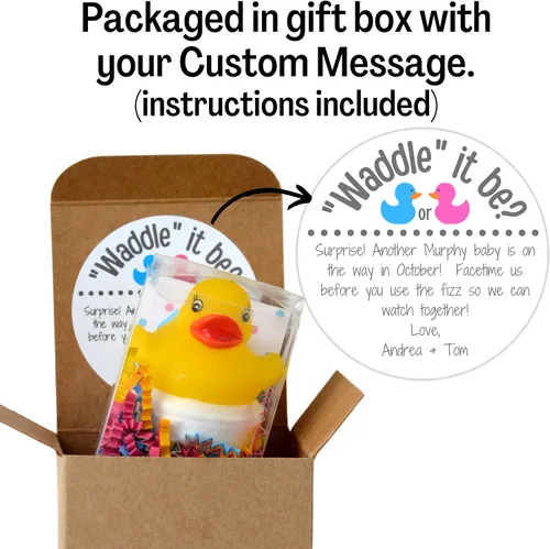 Vista 2 de Goma pato revelación de género Fizzes por correo Anuncio de embarazo Caja de regalo incluye mensaje personalizado para familiares y amigos