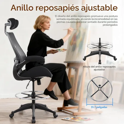 Vista 8 de BOLISS Silla de oficina alta de dibujo, 400 libras, respaldo alto, silla de escritorio ancha cómoda con reposabrazos abatibles, soporte lumbar, Negro