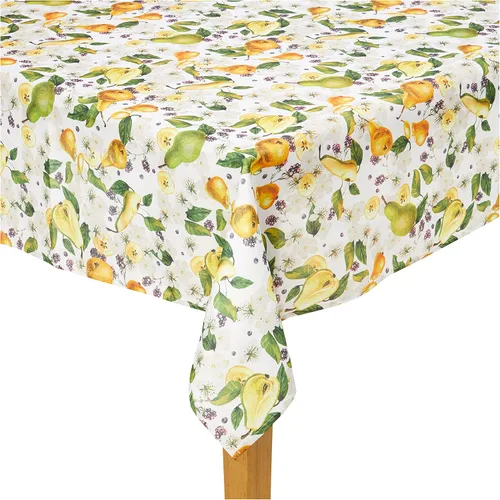 Vista 3 de Violet Linen Patrón de flores de peras europeas, tela impresa tejida de poliéster, peras, 60 pulgadas por 84 pulgadas, asientos de 6 a 8 personas