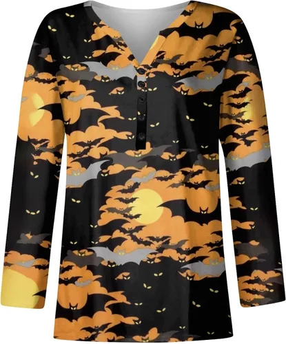 Vista 3 de Sudadera holgada de manga larga con cuello en V y estampado de Halloween para mujer