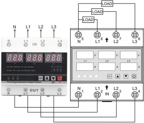 Vista 3 de Protector de corriente CA AC120V a 300V 63A Protectores ajustables trifásicos sobre dispositivo de corriente bajo voltaje Montaje en riel DIN