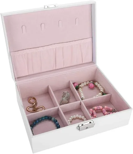 Vista 7 de TMISHION Caja organizadora de joyería, caja de almacenamiento, bandeja extraíble de 2 capas para aretes, pulsera de cuero, organizador de joyas