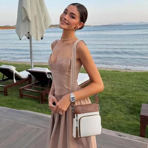 Vista 2 de Bolso bandolera Roulens para mujer de cuero vegano, bolso mediano cruzado con llavero para viajes, bolsos de hombro para mujer con borla