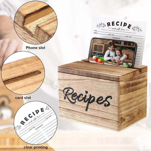 Vista 3 de Hoteam Caja de Recetas de Madera con Tarjetas, Soporte para Tarjetas de Recetas de Madera Rústica con 50 Piezas, Juego de Tarjetas de 5 x 7, Caja
