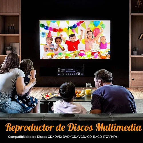 Vista 5 de Pyle Sistema amplificador de micrófono inalámbrico de 4 canales, receptor estéreo de audio para el hogar con reproductor de CD/DVD, micrófonos UHF