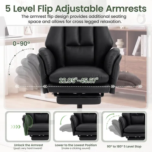Vista 4 de Silla cruzada con reposapiés, silla de oficina grande y alta con brazos Cuero Pu Negro