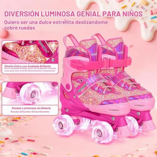 Vista 3 de Mammygol Patines para niñas, 4 tamaños ajustables con ruedas iluminadas, para niños Caramelo