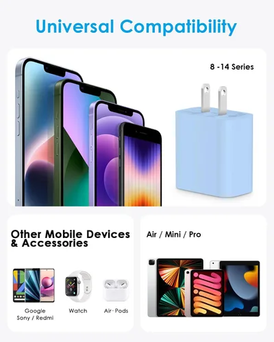 Vista 7 de AISNI Bloque de Cargador Rápido para iPhone 14 13 12 con Cable de Carga Rápida de 10 Pies, Certificado MFi, Cargador de iPhone USB C PD de 20W de 10