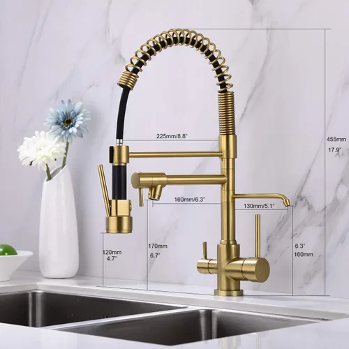 Vista 5 de Delle Rosa Grifo de cocina, grifo de agua potable de 3 vías, grifos purificadores de agua 3 en 1, arco alto y asas duales, grifos de fregadero