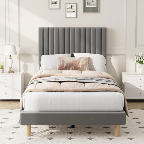 Vista 12 de IDEALHOUSE Base de cama individual con cabecera ajustable, plataforma tapizada de terciopelo, marco de cama tamaño individual, canal vertical Beige