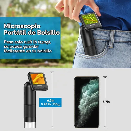 Vista 4 de APEXEL 800X Microscopio digital de mano con pantalla LCD de 2 pulgadas, microscopio portátil de bolsillo con luces LED ajustables, microscopios