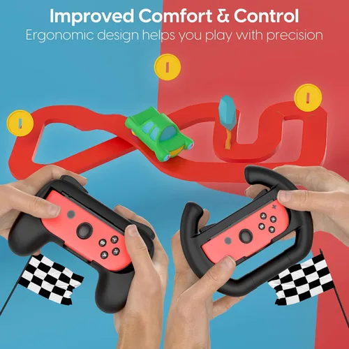 Vista 7 de TalkWorks Video Game Wheels & Controllers Nintendo Switch + OLED Joy-Con Compatible - 2 Wheels, 2 Mini Controllers - Handheld Joystick Remote