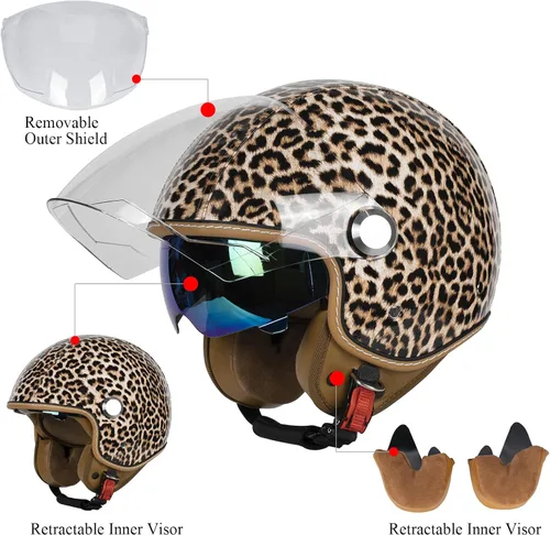 Vista 3 de Casco de motocicleta de cuero PU brillante vintage 3/4, con certificación DOT, con visor doble, casco de cara abierta, casco de media cara