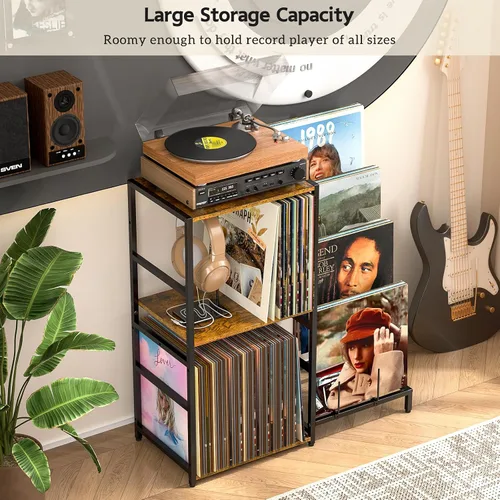 Vista 5 de Soporte para tocadiscos, mesa para tocadiscos con almacenamiento de vinilos de 4 niveles, almacenamiento para tocadiscos de hasta 200+ álbumes