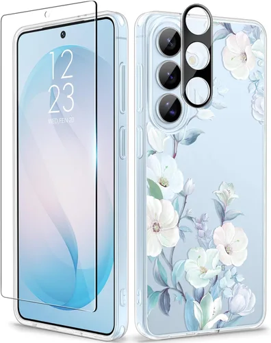 Vista 54 de GVIEWIN Funda protectora para Samsung Galaxy S25, transparente floral, delgada, a prueba de golpes, para mujer, no se pone amarilla, con protector