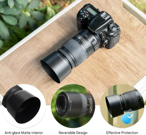 Vista 5 de JJC Parasol reversible para lente Nikon AF-S DX NIKKOR 2.165-11.811 in f/4.5-5.6G ED VR Zoom en NikonD3400 D3500 D5600 D7100 D7500 Reemplaza Nikon