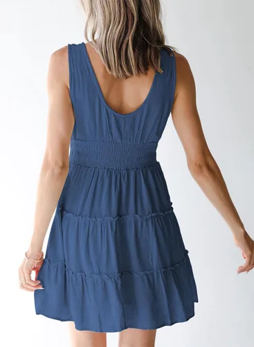 Vista 2 de Dokotoo Vestidos de verano para mujer, sin mangas, con botones, cintura elástica, volantes, escalonados, casual, con vuelo, mini vestido