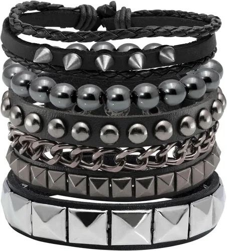 Vista 4 de Eigso Juego de 4 pulseras de cuero punk, con tachuelas de roca para hombres y mujeres, estilo retro, clásico, con pinchos, de metal, para hombre