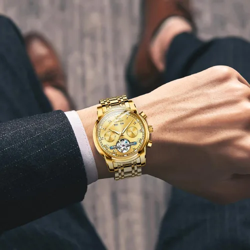 Vista 4 de OLEVS Relojes de cuerda automática para hombre, reloj mecánico automático Tourbillon de acero inoxidable con doble calendario, impermeable, luminoso