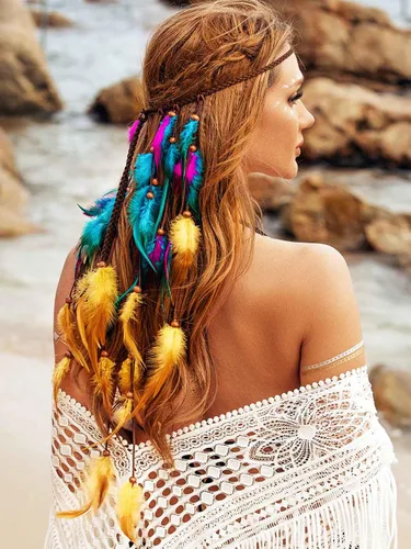Vista 5 de Diadema bohemia de plumas para festival, accesorios para el cabello largo gitano bohemio con cuentas hippie para mujer (patrón 3)