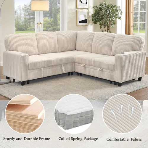 Vista 12 de ERYE L-Shaped Convertible Sofa Bed W/Pull Out Sleeper Couch Bed, 81" Plush Corduroy Sectional Couch with Symmetrical Corner Sectional Sleeper Sofa