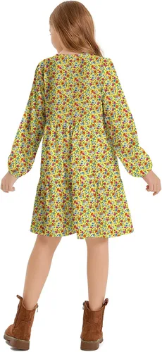 Vista 4 de Quedoris Vestido casual para niñas, estampado y color sólido, manga de farol, suelto, con vuelo, con botón