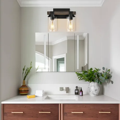 Vista 5 de Lámpara de Baño Estilo Granja de Madera Negra, Iluminación de Tocador de 2 Luces, Aplique de Pared de Madera, Accesorio de Pared Industrial Rústico
