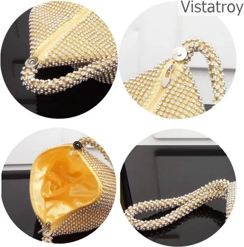 Vista 4 de Bolso de noche para mujer, con diamantes de imitación brillantes, triángulo, cadena de diseño, bolso de mano para fiesta, graduación, boda