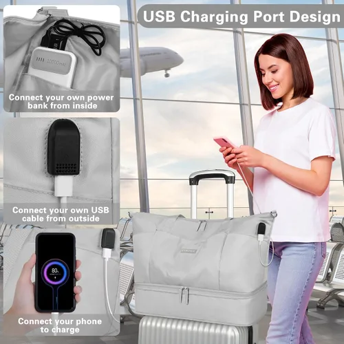 Vista 2 de Bolsa de viaje para mujer, Gris, Juego de bolsas de viaje con puerto de carga USB