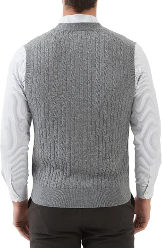 Vista 3 de Kallspin Suéter de punto trenzado para hombre, chaleco de mezcla de lana, cuello en V, con botones, sin mangas