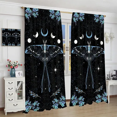 Vista 4 de Cortinas de mariposa de fantasía, polilla, sol, luna, estrella, arte floral, estampado floral, bolsillo para barra, cortinas opacas para ventana