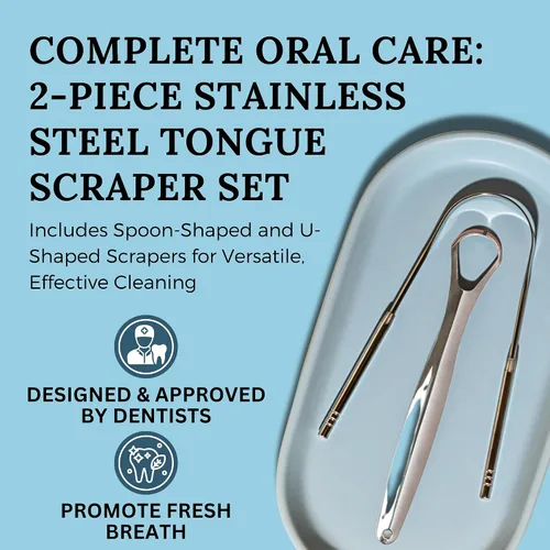 Vista 2 de Paquete variado de raspador de lengua, cuchara de acero inoxidable 100% de grado médico y raspadores de lengua en forma de U para adultos y niños