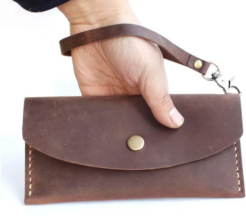 Vista 6 de Handmade Leather Wristlet Wallet with Card Slots Retro Multi-function Envelope Mobile Phone Card Holder Clutch Wallet with Hand Wrist Lanyard