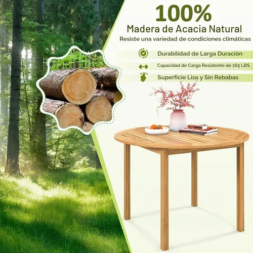Vista 6 de Tangkula Mesa de comedor redonda para exterior, Mesa de madera de acacia para 4 personas de gran tamaño, Mesa de patio estilo granja para bistró