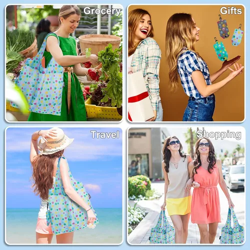 Vista 6 de HOLYLUCK Bolsas de comestibles reutilizables, bolsa de compras plegable resistente (estándar, 3 huellas de patas de perro azules)