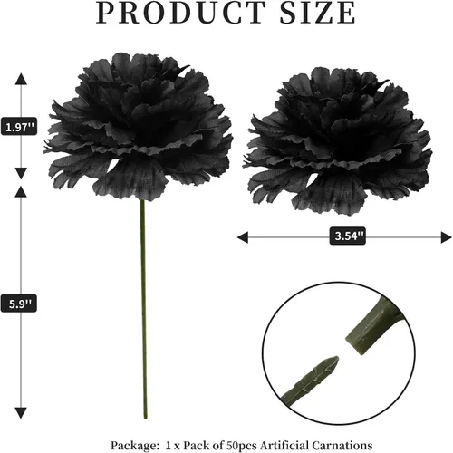 Vista 3 de Flor de clavel artificial, 50 piezas de clavel de seda negra a granel con Negro