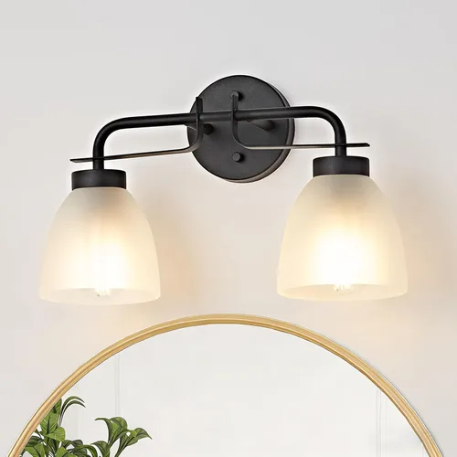 Vista 8 de Luces de tocador modernas de mediados de siglo de 16 pulgadas, lámpara dorada de 2 luces con pantallas de campana blancas esmeriladas, aplique