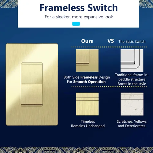 Vista 4 de LIDER Interruptor de pared sin marco, de 3 vías o de un solo polo, 15A -277VAC UL Listed, Brushed Gold, On/Off Rocker Switch, 3 Wire, Tough And