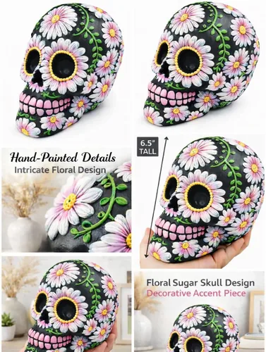 Vista 3 de Banco de monedas con diseño floral de calavera de azúcar negra y rosa de 5 pulgadas