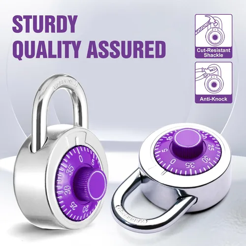 Vista 4 de Candado combinado, 1.969 in, esfera morada, paquete de 1 Esfera fija con diferentes combinaciones, para gimnasio y casillero, escuela, caja