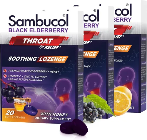 Vista 9 de Sambucol Pastilla negra de saúco para la garganta, gotas para el dolor de garganta con saúco negro, miel, vitamina C y zinc, alivio del dolor