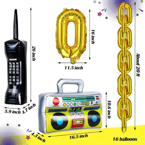 Vista 2 de Suministros de decoración para fiestas de los años 90, incluye radio, fondo inflable Boombox, teléfono móvil inflable y globos de cadena de lámina
