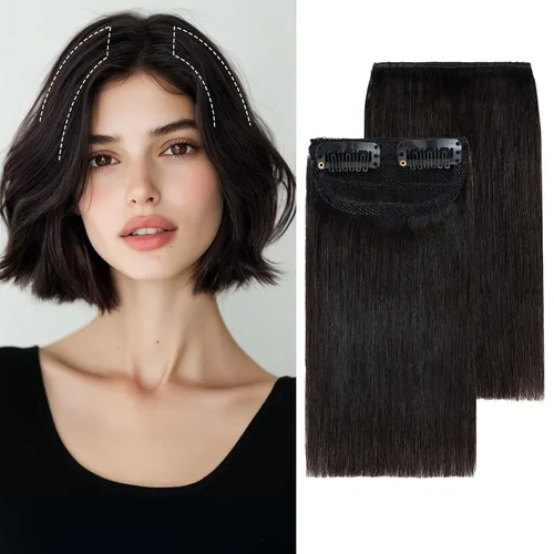 Vista 10 de S-noilite Extensiones de cabello corto con broches, 100% cabello humano real, 2 clips, extensiones con clip para mujeres con cabello delgado, añade