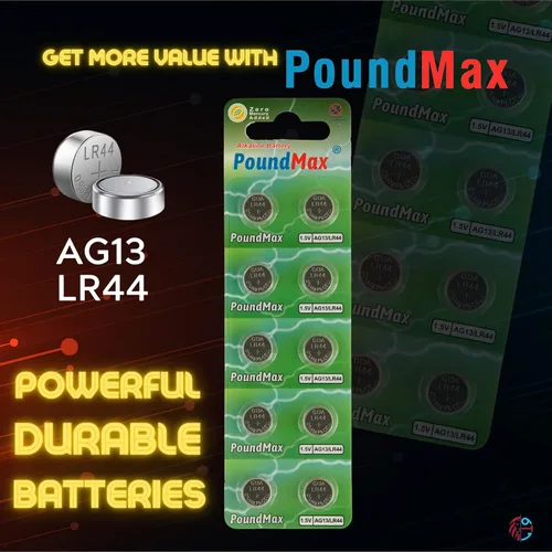 Vista 3 de PoundMax 10 x AG13 LR44 1.5 V Batería de botón de celda alcalina