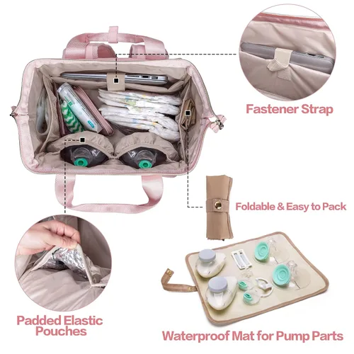 Vista 5 de Fasrom Mochila portátil para sacaleches con enfriador y bolsa de mano, compatible con bombas manos libres Momcozy Medela y Elvie, color rosa
