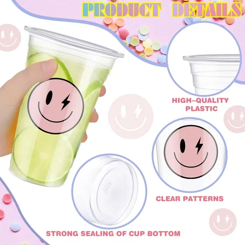 Vista 4 de Norme Juego de 52 vasos de plástico con tapa de cara sonriente de 16 onzas, tazas de café helado desechables transparentes con rayas